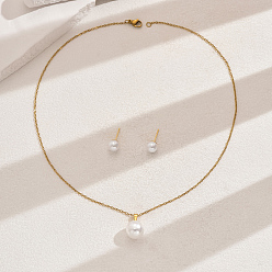 Настоящее золото 18K Элегантный винтажный круглый кулон с имитацией жемчуга и серьги-гвоздики, комплекты украшений из нержавеющей стали для женщин, реальный 18 k позолоченный