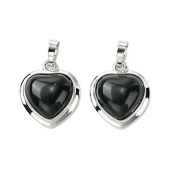 Обсидиан Природные подвески обсидиана, подвески-сердечки со стойкой, фурнитура из латуни с платиновым покрытием, без кадмия и без свинца, без кадмия и без свинца, 23x19.5x8~9 мм, отверстие : 7x5 мм