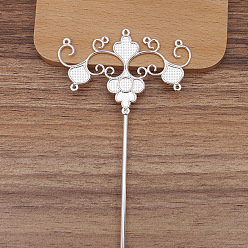 Silver Alloy Hair Stick Findings, Flat Round Cabochon & Enamel Settings, with Iron Pin, Flower, Silver, 69x45mm, Fit for 6.5mm Cabochon
