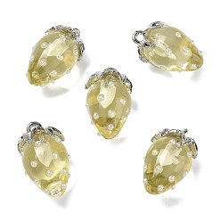 Champagne Yellow Resin Pendants, Strawberry Charm, with Alloy, Platinum, Champagne Yellow, 21x12.5x12mm, Hole: 1.5mm