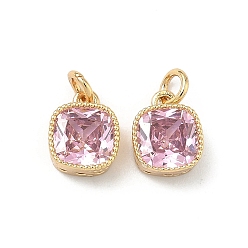 Бледно-Розовый Латунные микро проложить кубического циркония подвески, квадратные амулеты, без свинца и без кадмия, стойки покрытие, долговечный, реальный 18 k позолоченный, розовый жемчуг, 9x7x3.5 мм, Перейти кольцо: 4x0.8 мм, внутренний диаметр: 2.5 мм