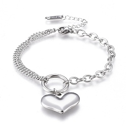 Stainless Steel Color 304 Stainless Steel Charm Bracelets, with Lobster Claw Clasps, Cable & Curb Chains, Heart, Stainless Steel Color, 6-3/8 inch(16.2cm)