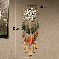 Chocolate Iron Bohemian Woven Web/Net with Feather Pendant Decorations, with Tassel for Home Bedroom Hanging Decorations, Chocolate, 830x200mm