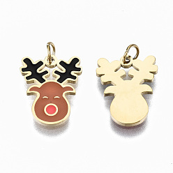 Real 14K Gold Plated 316 Surgical Stainless Steel Enamel Charms, with Jump Rings, Sienna & Black Christmas Reindeer/Stag, Real 14K Gold Plated, 12x10x1mm, Jump Ring: 3.5x0.5mm, 2.5mm inner diameter