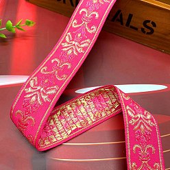 Deep Pink Polyester Embroidery Ancient Hanfu Lace Ribbon, Flower Pattern, Deep Pink, 1-1/8 inch(30mm)