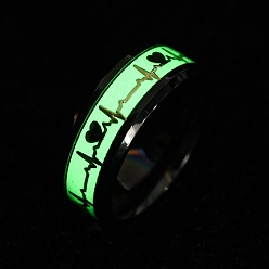 Light Green 304 Stainless Steel Luminous Finger Rings, Heartbeat Enamel Glow in the Dark Wide Band Ring, Light Green, US Size 8(18.1mm), 8mm