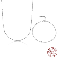 Platinum Rhodium Plated 925 Sterling Silver Jewelry Set, Satellite Chain Necklaces & Bracelet, Platinum, 15.75 inch(40cm), 6.69 inch(17cm)
