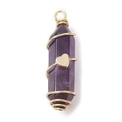Amethyst Natural Amethyst Copper Wire Wrapped Pointed Pendants, Faceted Bullet Charms with Golden Tone Brass Heart Beads, 34.5~37x10.5x12mm, Hole: 2.7mm
