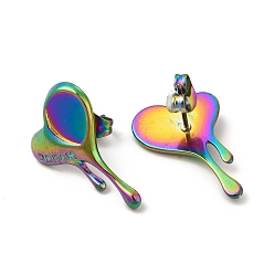 Rainbow Color Ion Plating(IP) 304 Stainless Steel Word Dream Stud Earring Settings, Melting Heart with Teardrop Tray, Rainbow Color, Tray: 8.5x6mm, 20x14mm, Pin: 0.8mm