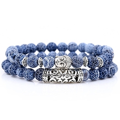 Crackle Agate 2Pcs 2 Style Natural Crackle Agate Stretch Bracelets Set with Alloy Buddha Head, Gemstone Jewelry for Women, 7~1/4~7-1/2 inch(18.5~19cm), 1Pc/style
