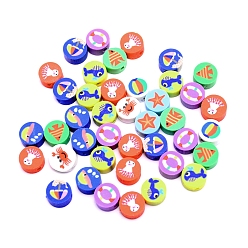 Mixed Color Handmade Polymer Clay Colours Beads, Flat Round with Marine Animal, Mixed Color, 9x5mm, Hole: 1.8mm, 200pcs/bag