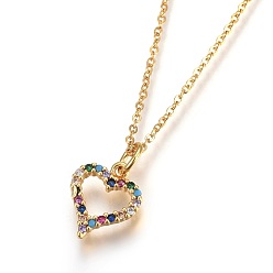 Golden 304 Stainless Steel Pendant Necklaces, with Cubic Zirconia, Heart, Colorful, Golden, 17.8 inch(45.5cm), Pendant: 12x10x2mm