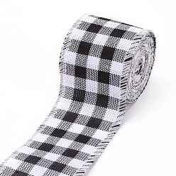 Black Polyester Imitation Linen Ribbon, Linen Wired Edge Ribbon, Tartan Pattern, for DIY Crafts, Christmas, Wedding, Home Decoration, Black, 2-3/8 inch(60mm), 5m/roll(5.5 yards/roll)