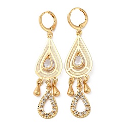 Light Gold Brass Teardrop Chandelier Earrings with Rhinestone, Glass Drop Earrings for Women, Light Gold, 64x15.5mm