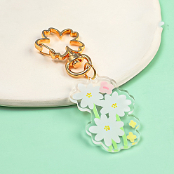 White Fresh Daisy Keychains, Printed Flower Transparent Acrylic Keychains, with Alloy Findings, White, 8.3x2.9cm