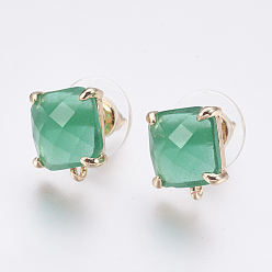 Medium Sea Green Faceted Glass Stud Earring Findings, with Loop, Light Gold Plated Brass Findings, Square, Medium Sea Green, 11x10x5mm, Hole: 1mm, Pin: 0.8mm