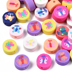 Mixed Color Handmade Polymer Clay Beads, Flat Round with Butterfly, Mixed Color, 9~10x4~5mm, Hole: 1.6mm