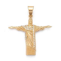 Golden Easter 304 Stainless Steel Big Pendants, with Crystal Rhinestone, Jesus, Golden, 49x51.5x5.5mm, Hole: 8x11mm