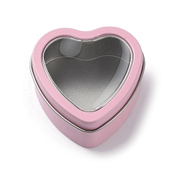 Pink Tinplate Iron Heart Shaped Candle Tins, Gift Boxes with Clear Window Lid, Storage Box, Pink, 6x6x2.8cm