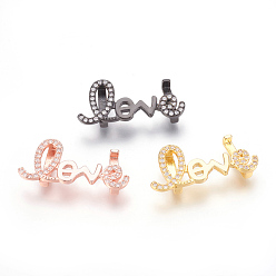 Mixed Color Brass Micro Pave Cubic Zirconia Letter Slide Charms, Lead Free & Cadmium Free & Nickel Free, Long-Lasting Plated, Word Love, Clear, Mixed Color, 13x29.5x5mm, Hole: 2x10.5mm