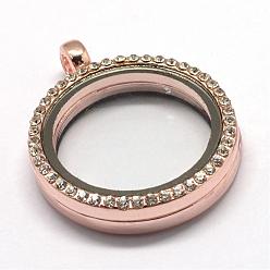 Rose Gold Flat Round Alloy Glass Magnetic Locket Pendants, Photo Frame Living Memory Floating Charms, with Rhinestones, Rose Gold, 36.2x29.5x7mm, Hole: 3.5mm, Inner Measure: 22.2mm