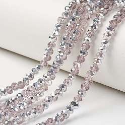 Pink Electroplate Transparent Glass Beads Strands, Half Silver Plated, Faceted, Rondelle, Pink, 3x2mm, Hole: 0.8mm, about 150~155pcs/strand, 15~16 inch(38~40cm)