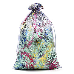White Organza Gift Bags, Drawstring Bags, with Colorful Coral Pattern, Rectangle, White, 9x7cm