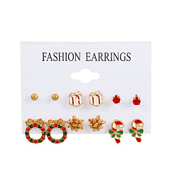 Christmas wreath Christmas Earrings Set - Cartoon Christmas Tree Santa Claus Studs 6pcs for Women.