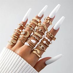 Golden 23Pcs 23 Style Alloy Open Cuff Rings Set with Rhinestone, Enamel Stackable Rings, Mixed Shape, Golden, Inner Diameter: 16~18mm, 1Pc/style