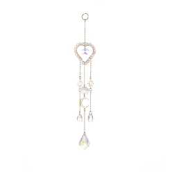 Rose Quartz Glass Teardrop & Star Window Hanging Suncatchers, Heart Natural Rose Quartz & Brass Sun & Moon Pendants Decorations Ornaments, 230mm