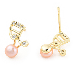 Real 14K Gold Plated Pearl Pink Natural Pearl Musical Note Stud Earrings with Cubic Zirconia, Brass Earrings with 925 Sterling Silver Pins for Women, Real 14K Gold Plated, 12.5x9x5mm, Pin: 0.8mm