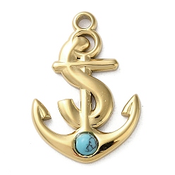 Synthetic Turquoise Vacuum Plating 316 Stainless Steel Pendants, with Synthetic Turquoise, Anchor, Real 18K Gold Plated, 23x15.5x3mm, Hole: 1.8mm