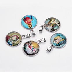 Mixed Color Virgin Mary Theme Glass Pendants, with 201 Stainless Steel Findings, Flat Round, Mixed Color, 26.5x22x6.5mm, Hole: 6x4mm