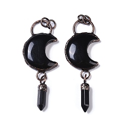 Obsidian Natural Obsidian Crescent Moon Big Pendants, Faceted Bullet Gems Charms with Red Copper Plated Brass Findings, 95x32x9mm, Hole: 6mm