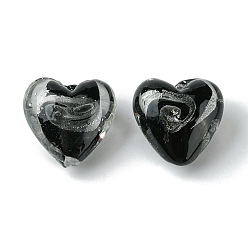 Black Handmade Silver Foil Glass Beads, Heart, Black, 20x21x12.5mm, Hole: 1.8mm