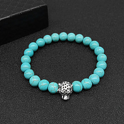 Leopard Synthetic Turquoise Stretch Bracelets for Women Men, with Tibetan Style Animals Alloy Beads, Leopard, No Size