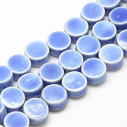 Cornflower Blue Handmade Porcelain Beads, Bright Glazed Porcelain, Flat Round, Cornflower Blue, 8~8.5x4~4.5mm, Hole: 2mm