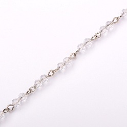 Clear Handmade Round Glass Beads Chains for Necklaces Bracelets Making, with Iron Eye Pin, Unwelded, Platinum, Clear, 39.3 inch