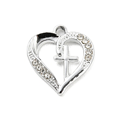 Platinum UV Plating Alloy Rhinestone Pendants, Heart with Cross Charms, Platinum, 19.5x17.5x2.5mm, Hole: 2mm
