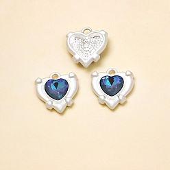 Marine Blue Brass with Cubic Zirconia Pendants, Heart, Matte Silver Color, Marine Blue, 17x15mm