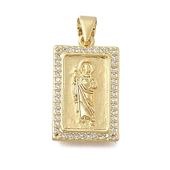 Настоящее золото 18K Латунные микропаве прозрачные подвески с фианитом, прямоугольник амулеты, реальный 18 k позолоченный, без кадмия и без свинца, стойки покрытие, долговечный, реальный 18 k позолоченный, 20.5x12x2.5~3 мм, отверстие : 3.5x4 мм