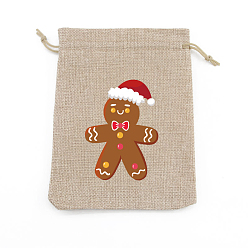 Gingerbread Man Rectangle Christmas Themed Burlap Drawstring Gift Bags, Gift Pouches for Christmas Party Supplies, BurlyWood, Gingerbread Man, 14x10cm