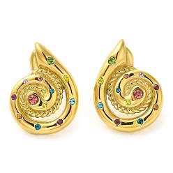 Golden Snail 304 Stainless Steel Stud Earrings, with Colorful Rhinestone, Golden, 29.5x22mm