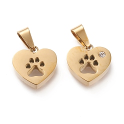 Golden Ion Plating(IP) 304 Stainless Steel Charms, with Rhinestone, Manual Polishing, Heart with Hollow Dog Footprint, Golden, 13.5x14x3.5~4mm, Hole: 3x7mm