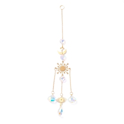 Golden Hanging Crystal Aurora Wind Chimes, with Prismatic Pendant and Snowflake-shaped Iron Link, for Home Window Chandelier Decoration, Golden, 295mm