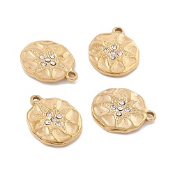 Golden Ion Plating(IP) 304 Stainless Steel Pendants, with Rhinestone, Flat Round with Star, Golden, 18x15x2mm, Hole: 1.8mm
