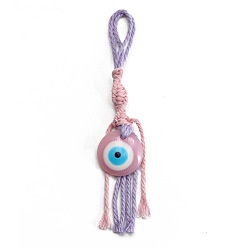 Pink Flat Round with Evil Eye Resin Pendant Decorations, Cotton Cord Braided Tassel Hanging Ornament, Pink, 158mm