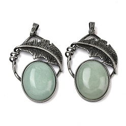 Зеленый Авантюрин Естественный зеленый авантюрин подвески, овальные подвески с латунным листом, античное серебро, 44x29.5x9 мм, отверстие : 8x5 мм