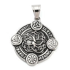 Antique Silver 316L Surgical Stainless Steel Pendants, Flat Round with Viking Runes & Tree & Valknut Charm, Antique Silver, 39.5x35.5x4mm, Hole: 10x7mm