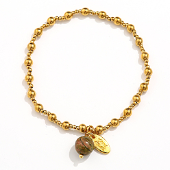 Унакит 304 эластичные браслеты из нержавеющей стали для женщин, с овальным шармом, покрытым 18k золотом, и бусиной из натурального унакита, 7-1/8 дюйм (18 см)